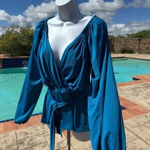 Elegant Blue Wrap Top; Size Small; purchased from Victoria's Secret; tie